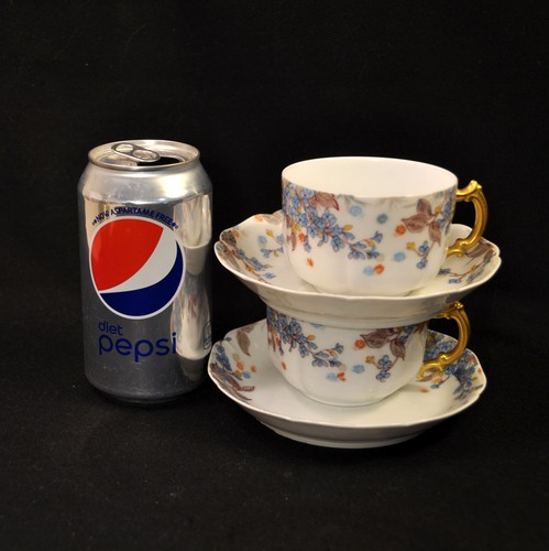 Haviland 2 Cups & Saucers Blue Florals w/Gold Handle Pompadour 14 Mold 1889-1896 - Picture 2 of 24