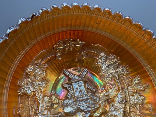 VINTAGE ESTATE MARIGOLD CARNIVAL GLASS BOWL WINDMILL FLOWER SCROLL SCALLOPED RIM - Picture 5 of 9