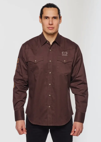 Men’s Rodeo Western Snap Button Brown Dress Shirt - Picture 2 of 7