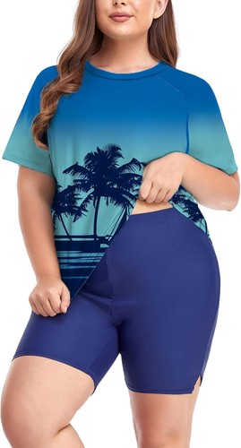 Conjunto de trajes de baño de manga corta con protección contra erupciones UPF 50+ talla grande para mujer - Imagen 33 de 53