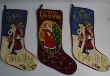 3 Needlepoint Merry Christmas Stockings Vintage Inspired Santa Claus Win-Tex