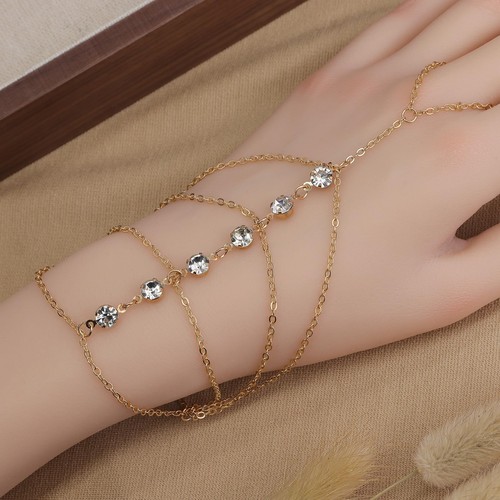 Gold Lagenlook Quaste Kristall Hand Kette Ring Armband für Frau, zierliche Kubik Zir - Bild 6 von 7