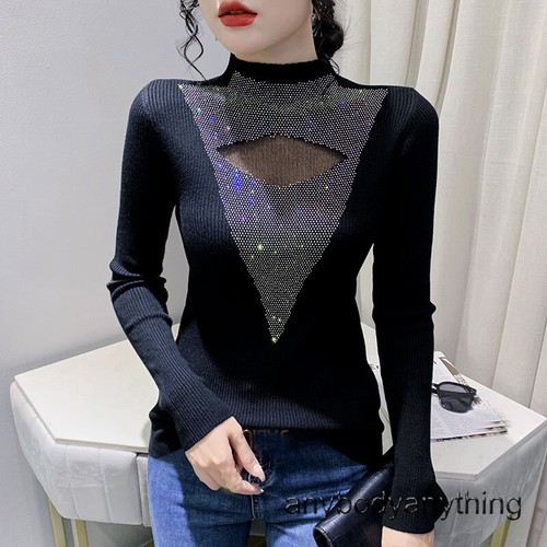 Neu Sexy Damen Langarm Strass Slim Tops Pullover Strickshirts Winter - Bild 7 von 11