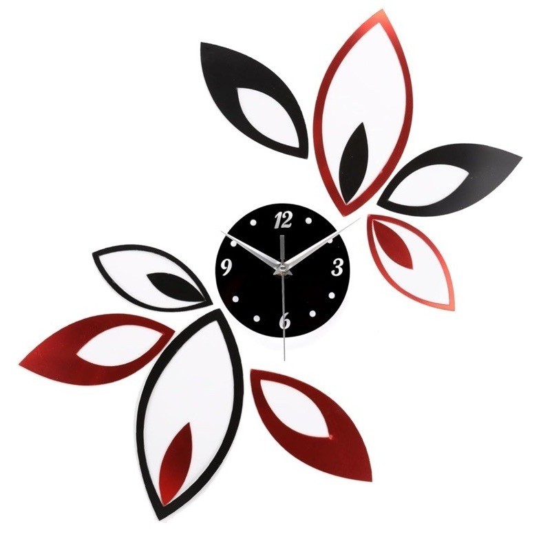 DIY Wall Clock Home Decor Red Black Modern 3D Acrylic Mirror Petal Design Chic