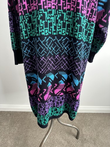 Vintage 80s Mischief Black Rainbow Pattern Knit Jumper Sweater Dress M L XL - Picture 6 of 15
