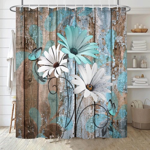 JAWO Bauernhaus Blume Floral Duschvorhang, rustikal türkis Gänseblümchen Dusche  - Bild 5 von 10