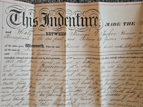 1861 Escritura Thomas Tasker a Rebecca Gesner Ridley Twnshp Delaware Co, PA 18"x22" - Imagen 4 de 10