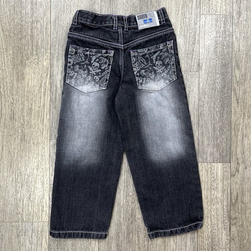 Y2K Southpole Jeans Youth Boys Size 5/6 (22x18.5) Black Faded Skulls Hip Hop - Picture 1 of 10