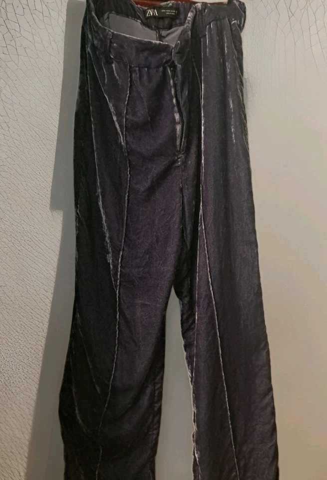 ZARA Azul Con Tono Púrpura Terciopelo Aplastado Conjunto Cintura Alta Top y Pantalones S Foto 4 de 4