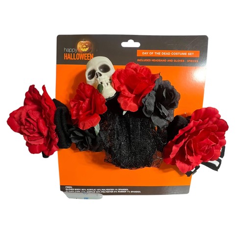 Day of the Dead Costume Set Womens Headband Gloves Skull Roses Halloween Accesso - Picture 11 of 11