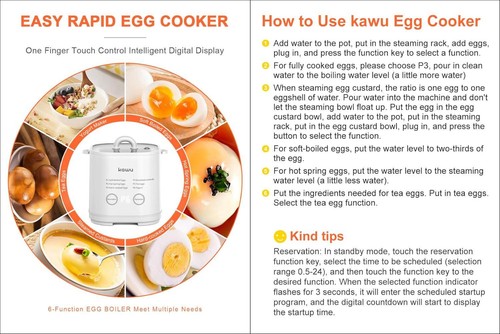 Kawu 6-Function Egg Cooker For Hard Boiled Eggs, Boiler With Timer, Soft Auto - Picture 9 of 9