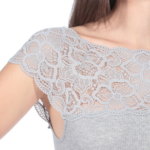 Maglia intima donna maglietta elegante manica corta pizzo cotone costina t-shirt - Foto 3 di 12