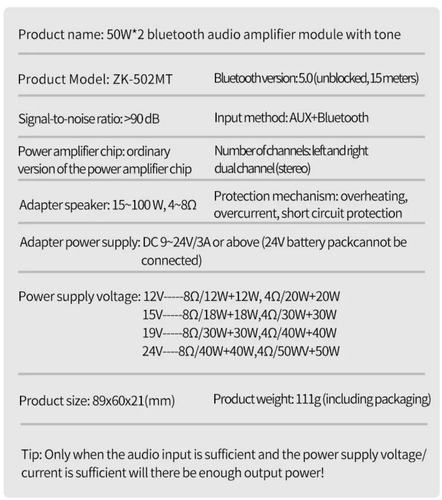 ZK-502MT Bluetooth 5.0 Subwoofer Amplifier Board 2.0 Channel High Power Audio - Picture 6 of 6