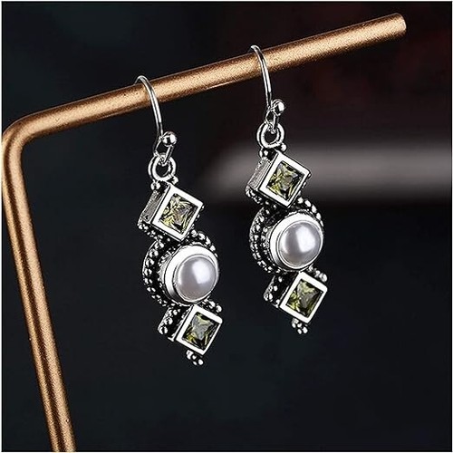 Vintage Design Silver Pearl Square Olive Green Peridot Dangle Hook Earring