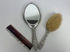 Vintage Sterling Silver S. Kirk & Son Repousse Comb, Brush, & Mirror Set