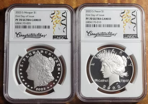 2023 S MORGAN & PEACE Silver Dollar NGC PF70 UC 2pc Set "FIRST DAY  RELEASE !!