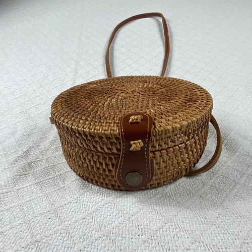 Damen geflochten rund Rattan Tasche Korb Stroh Handtasche Crossbody braun tropisch Boho - Bild 5 von 7