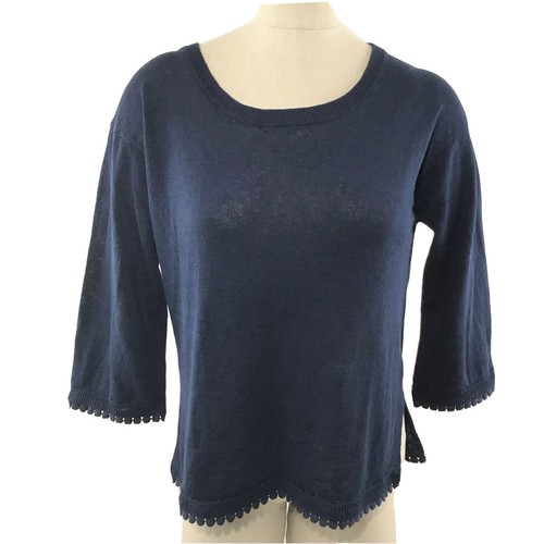 J Crew Sweater Size Small Womens Navy Linen Pom Pom Trim Scoop Neck 3/4 Sleeve