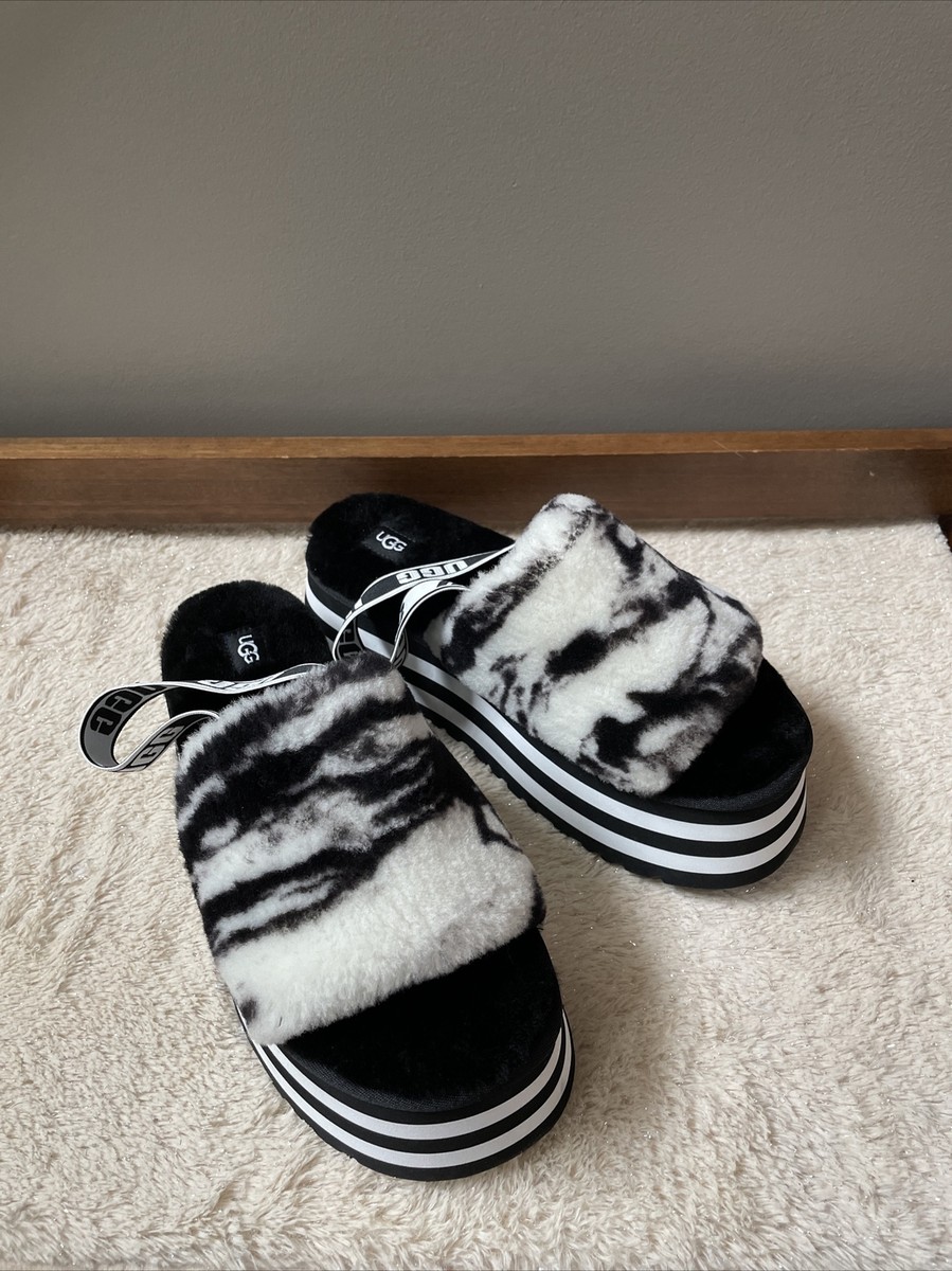 NWOB UGG Women s Fluff Yeah Sling Back Slide Zebra Slippers