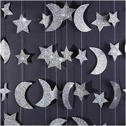 Silver Starry Night Celebration Kit - Moon and Star Garland Decorations for Birt