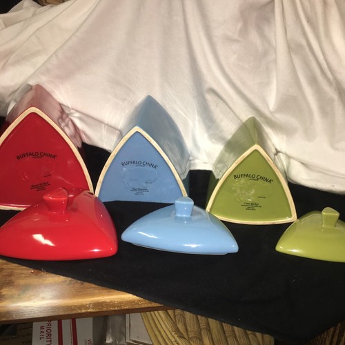 Oneida VTG MCM Buffalo China Triangle Canister Set of 3 Red Blue Green EUC Rare - Picture 11 of 17