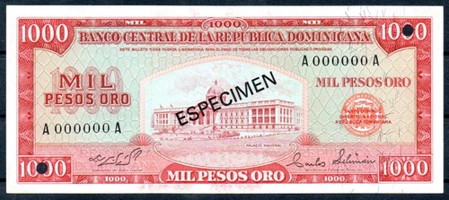REP DOMINICANA DOMINICAN REPUBLIC 1000 Pesos oro 1964 Specimen Pick 106s(2) UNC - Imagen 2 de 3