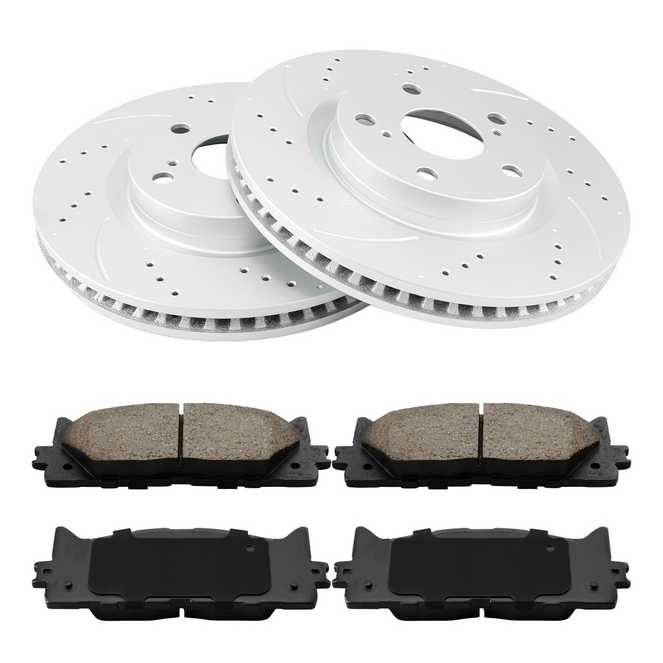Front Brake Drilled Disc Rotors + Ceramic Brake Pads For Toyota Camry