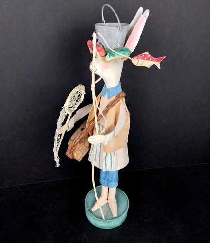 Vintage Folk Art Fly Fishing Rabbit Whimsical Handmade Figurine Candle Holder - Picture 3 of 8