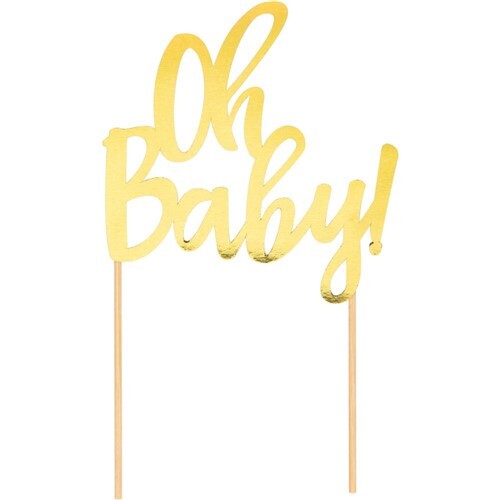 Oh Baby Foil Gold Cake Topper Paper 8" x 5.75' Baby Shower Tableware - Picture 1 of 2