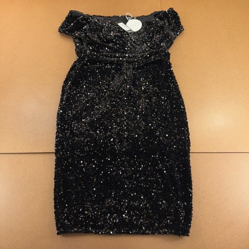Boohoo Womens Plus Size 16 Black Sequin Off The Shoulder Midi Wrap Dress NWT - Picture 2 of 12