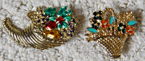 Thanksgiving Cornucopia & Flower Basket PIns/Brooches