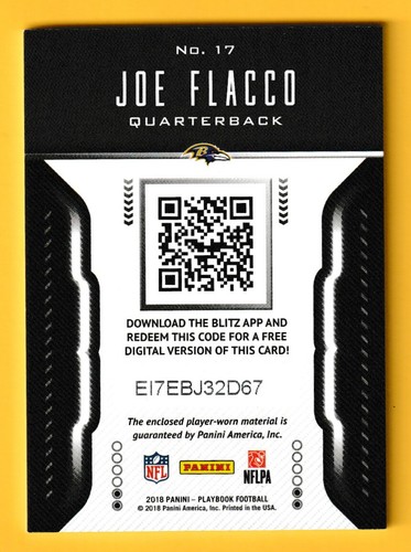 2017 Panini Playbook Blitz Jersey Relic Joe Flacco Baltimore Ravens #17 (NVB) - Foto 2 di 2
