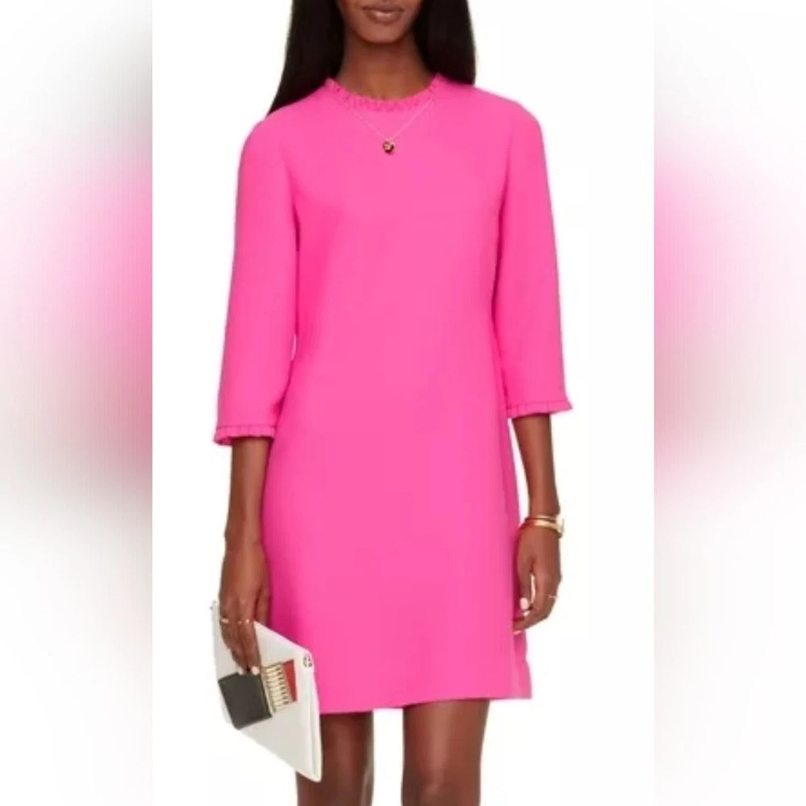 Mini abito Kate Spade New York rosa caldo vertiginoso collo arricciato maniche lunghe 3 4