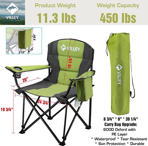 VILLEY übergroßer faltbarer Campingstuhl tragbare Stühle 450 Pfund Belastung mit Kühltasche - Bild 5 von 12