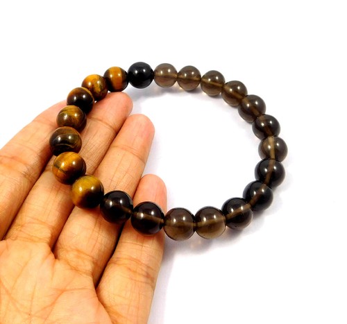 100 % natürliches Rauchquarz & Tigerauge Edelstein Armband 8 mm rund Großhandel - Bild 13 von 27