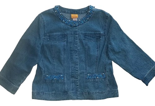 Ruby Rd 12 Hippie Bling Beading Western Boho 3/4 Sleeve Denim Blue Jean Jacket - Picture 12 of 15