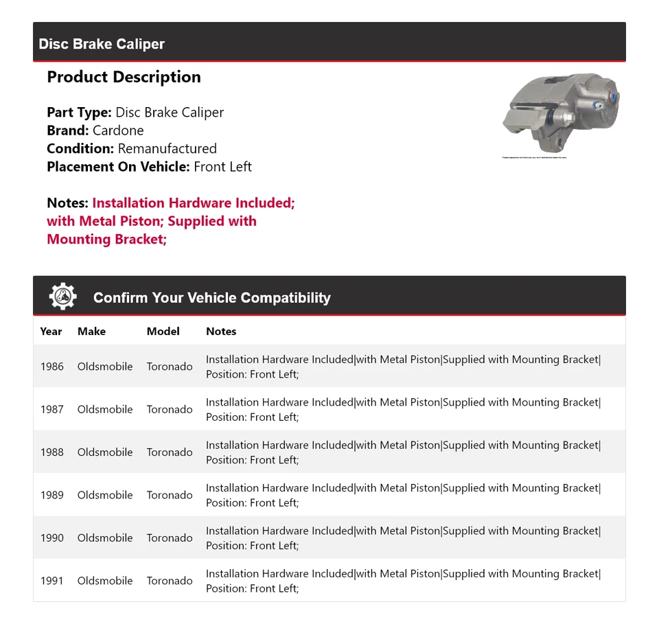 Штангенциркуль переднего левого дискового тормоза Oldsmobile Toronado 1986-1991 годов выпуска 1987 - Изображение 2 из 4