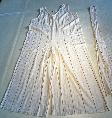 World Market Womens Beige Striped Wide Leg Cotton Jumpsuit Sz L/XL NWT - Picture 3 of 8