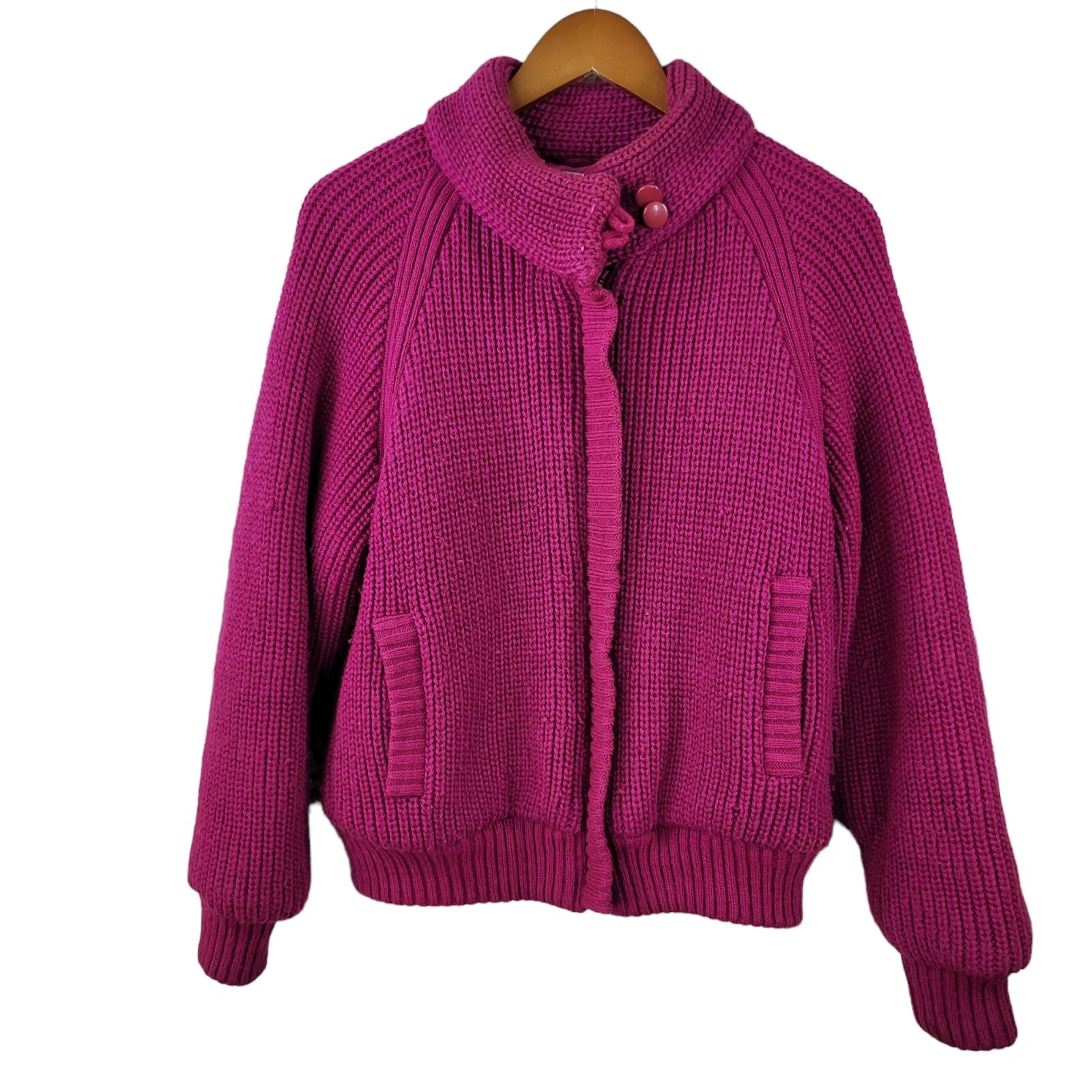  vintage 80s knit crochet coat puffer winter raspberry 