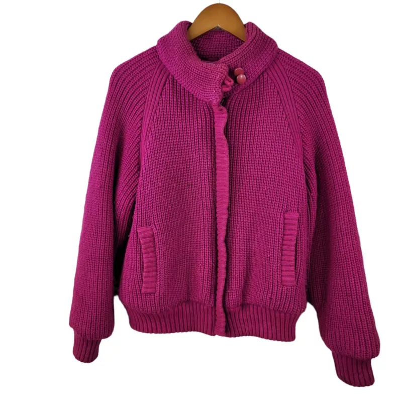  vintage 80s knit crochet coat puffer winter raspberry 