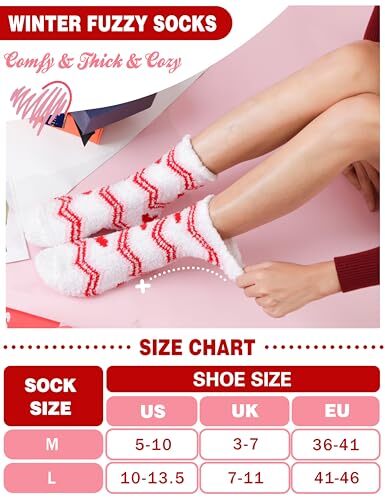 Valentines Day Gifts for Her Womens Fuzzy Socks Warm Medium Red/White Love - Picture 4 of 6