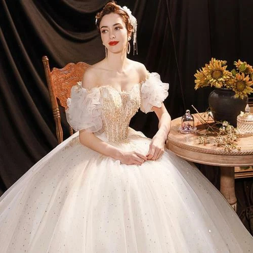 Gorgeous Off Shoulder Hubble bubble Sleeve Princess Wedding Dresses Bride Gown