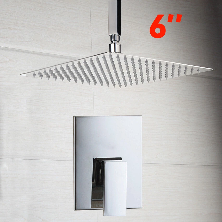 Silver 6" Rainfall Ceiling Mount Sqaure Shower Head + Mixing Valve Shower Faucet