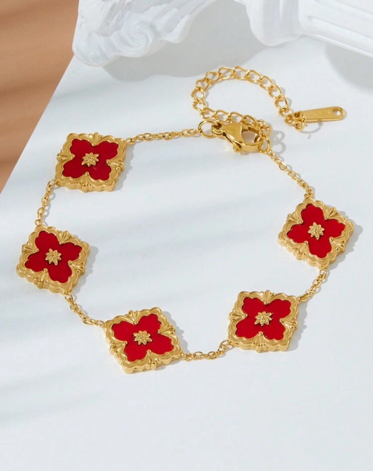 Bracelet chaîne en acier inoxydable doré à fleurs rouges réglable