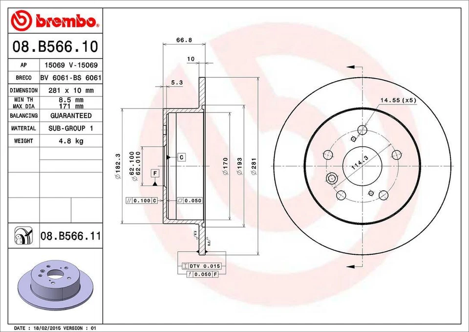 Rotor de freno de disco trasero Brembo 08.B566.11 281 mm para Toyota Avalon 2008-2012 Foto 2 de 3