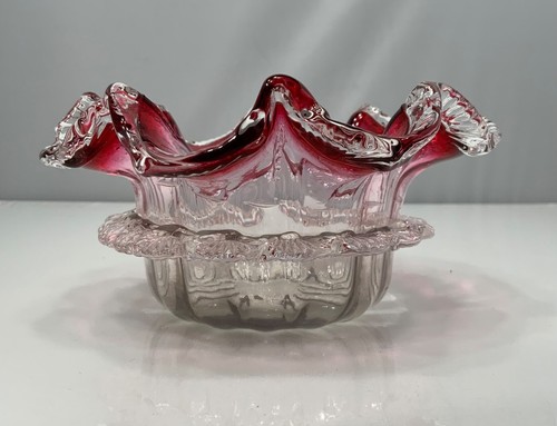 VINTAGE STEVENS & WILLIAMS GLASGEBLASENE CRANBERRY & KLARE RÜSCHE RIGAREE SCHÜSSEL - Bild 3 von 10