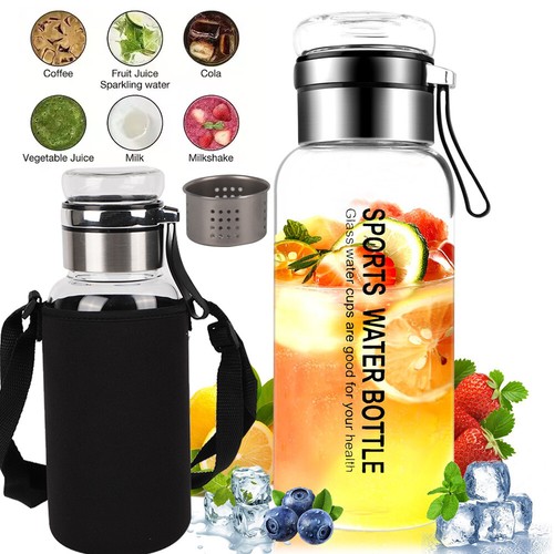 1L Glass Water Bottle BPA Free Sport Gym Drink Flask w/ Stainless Steel Strainer - Picture 21 of 25