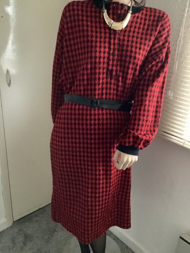 Vintage Nina Rick 1960s Red & Black Hounds Tooth Belted Tea Dress 18 (EU 46) - Picture 8 of 10