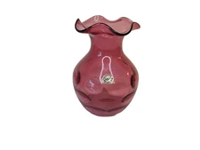 Vintage Sanyu Art Glass Cranberry Pink Thumbprint Vase with Crimped Rim / Japan