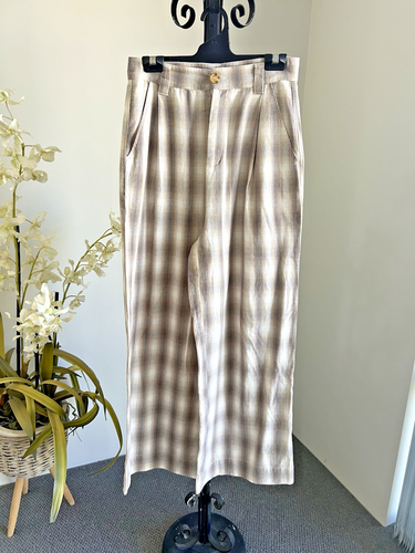 GHANDA Oxford Beige Cream Tartan Check High Waist Pleat Wide Leg Cotton Size 8 - Picture 3 of 8